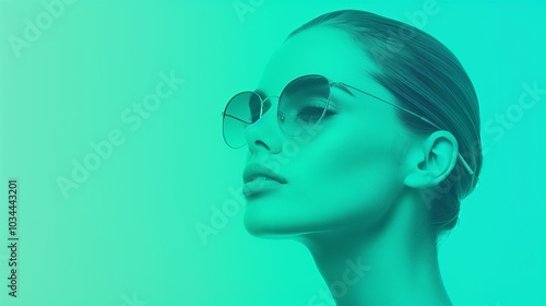 Monochromatic portrait of woman in sunglasses, hair in a bun, teal color overlay, futuristic style, minimalistic composition, gradient background, copyspace for text, conceptual art.

