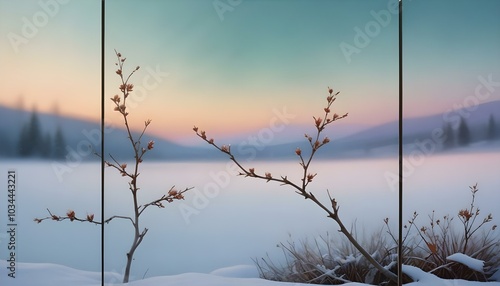 Oil paintings artwork, lonely lifeless tree Oil paintings artwork, floral spring summer triptych, blooming yellow flowers photo