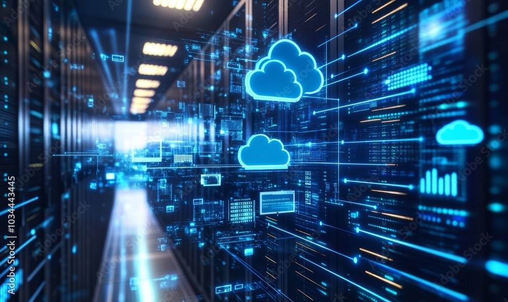 Cloud computing technology and online data storage for business network concept. Computer connects to internet server service for cloud data transfer presented in 3D futuristic graphic interface. Cloud computing technology and online data storage for business network concept. Computer connects to internet server service for cloud data transfer presented in 3D futuristic graphic interface.