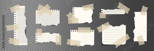 Set of Realistic Torn Paper fragments from notebook with sticky Tape. Scraps Paper sheet with Ripped edges. Blank Frame headline. Element for notes banner collage text box Design. Vector illustration