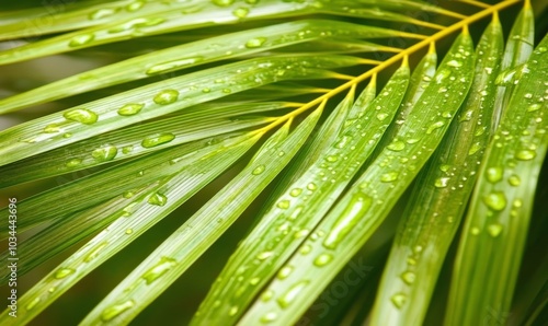 Close-up of green palm leaf with rain drops