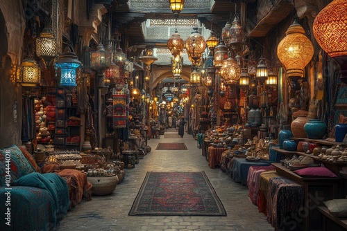 A narrow, dimly lit street lined with shops, filled with colorful textiles, lanterns, and ceramic pots.