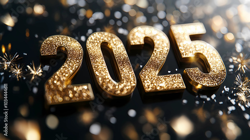 Gold glitter 3-D numbers 2025 for new year celebration on a dark sparkling background photo