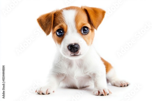 Cute puppy sitting and looking playfully at the camera isolated on white background