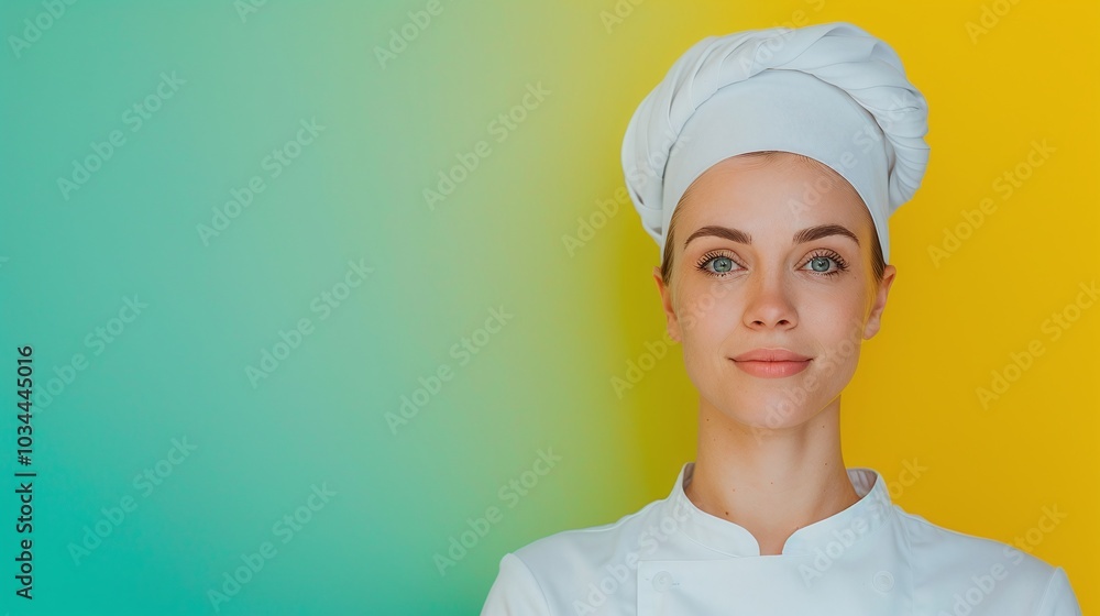 Young female chef in a white uniform , smiling confidently, posed against a split yellow and green background, creating a vibrant culinary-themed copy space. Young female chef in a white uniform , smiling confidently, posed against a split yellow and green background, creating a vibrant culinary-themed copy space.