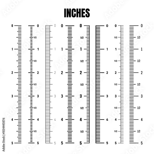 Vertical inch scale for measuring length or height. Various measurement scales with divisions. Ruler, tape measure marks, size indicators. Vector illustration