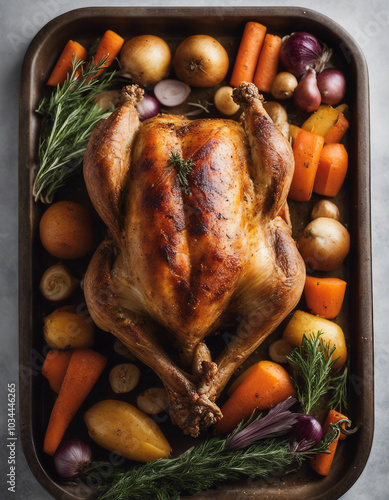 A perfectly roasted Thanksgiving turkey rests on a tray, surrounded by herbs and roasted vegetables.






 photo