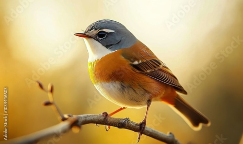 Close-up of a Male rufous whistler (Pachycephala rufiventris) perched on branch in sunlight photo