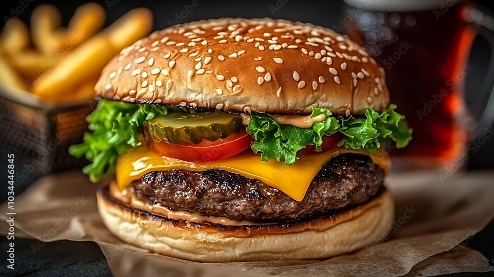 Delicious cheeseburger lying on table with french fries and beer in background Delicious cheeseburger lying on table with french fries and beer in background