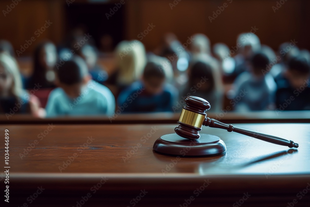There is a solemn family, slightly distorted, watching the proceedings unfold in the courtroom, with the judge's gavel prominently visible. There is a solemn family, slightly distorted, watching the proceedings unfold in the courtroom, with the judge's gavel prominently visible.
