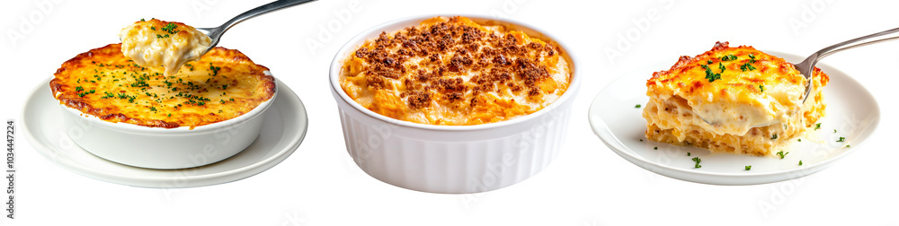 Sweet potato casserole with a crunchy pecan topping in white ceramic dish isolated on white transparent background. Concept of homemade comfort food Thanksgiving Day side dishes Sweet potato casserole with a crunchy pecan topping in white ceramic dish isolated on white transparent background. Concept of homemade comfort food Thanksgiving Day side dishes