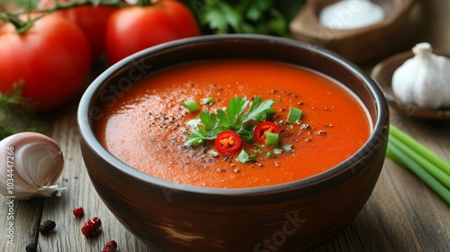 The national cuisine of Mexico: Soup with red pepper and chili.