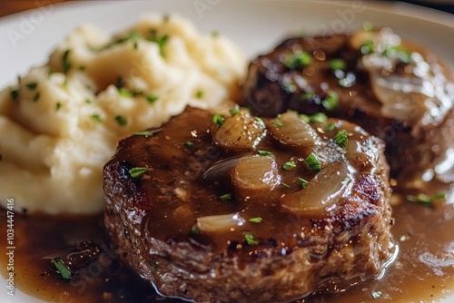 Simple photo of homemade Salisbury Steak with garlic mashed potatoes, taken with an old camera