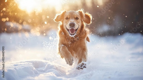 Dog playing in the snow, joyfully bounding through a winter landscape