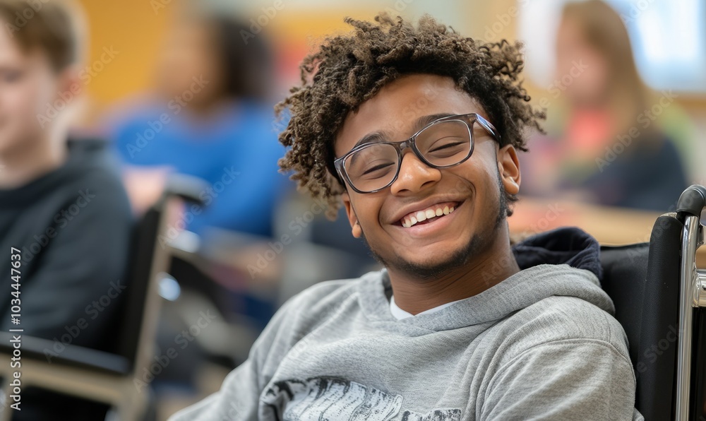 Fototapeta premium Cheerful student in wheelchair smiles during class at school, showcasing a positive learning environment and inclusivity among peers
