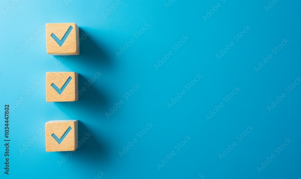 Checklist concept with copy space. Wood cubes with check marks on blue background Checklist concept with copy space. Wood cubes with check marks on blue background