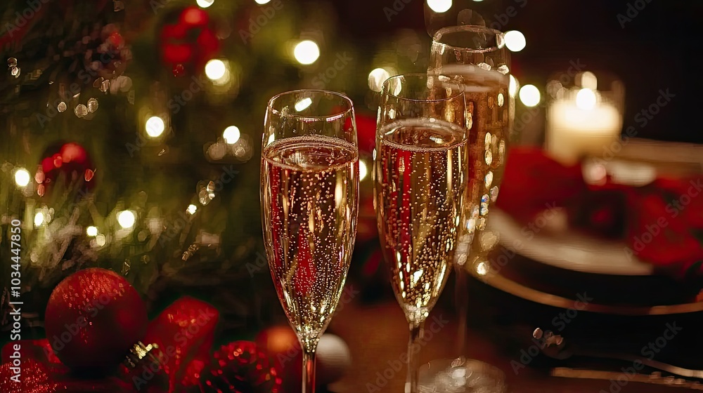 Glasses of sparkling champagne on a festive table at Christmas close-up Glasses of sparkling champagne on a festive table at Christmas close-up
