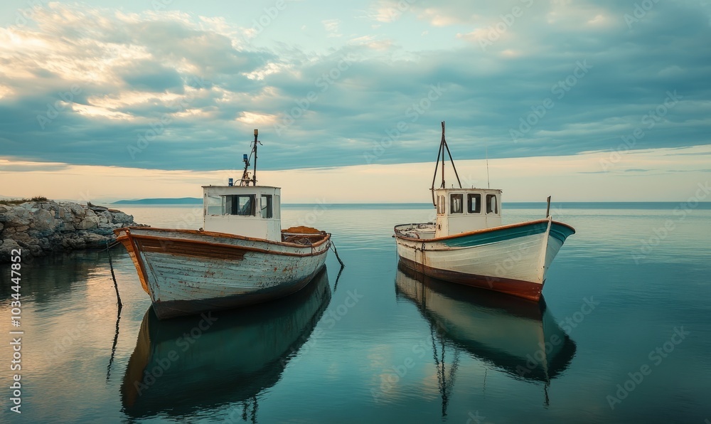 Fototapeta premium Calm harbor with two moored fishing boats