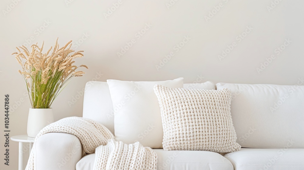 Minimalistic Living Room with White Sofa, Knit Pillows, Throw Blanket, and Pampas Grass in Vase for Modern Scandinavian Home Decor, Calm and Serene Interior Style
Minimalistic Living Room with White Sofa, Knit Pillows, Throw Blanket, and Pampas Grass in Vase for Modern Scandinavian Home Decor, Calm and Serene Interior Style