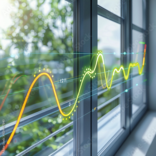 Holographic graph on the background of the window, thermal bridges, thermal losses in windows, lack of thermal insulation continuity.
graph showing the increase in better insulation of houses
