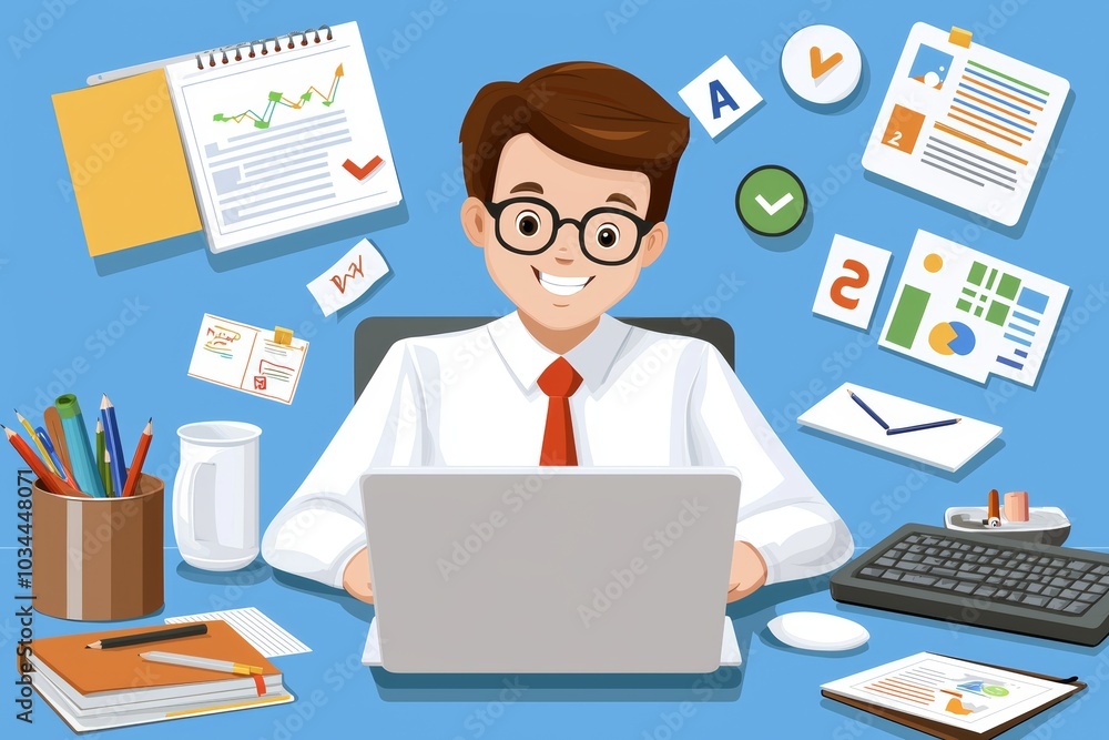 Teacher working on computer screen. Distance learning, e-learning, video lesson. Digital education technology concept. Flat modern illustration isolated on white. Teacher working on computer screen. Distance learning, e-learning, video lesson. Digital education technology concept. Flat modern illustration isolated on white.