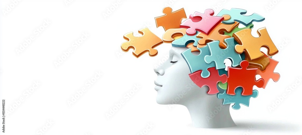 In this piece you will find a profile of a human head and a jigsaw puzzle, an abstract design based on a cognitive psychology or psychotherapy concept, mental health, brain problems, personality In this piece you will find a profile of a human head and a jigsaw puzzle, an abstract design based on a cognitive psychology or psychotherapy concept, mental health, brain problems, personality