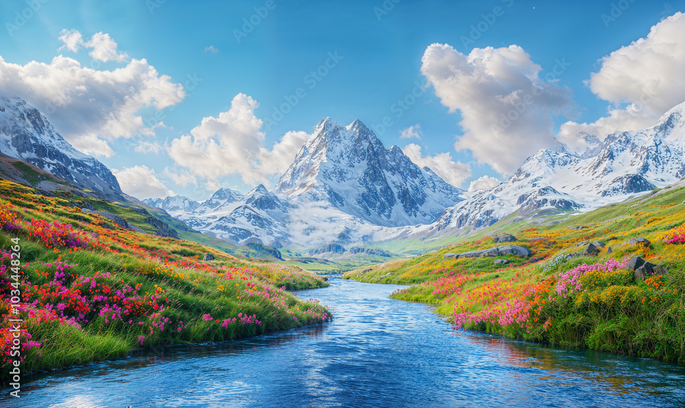 Mountain river flowing through a green mountain landscape, green meadows and snowy rocks background Mountain river flowing through a green mountain landscape, green meadows and snowy rocks background