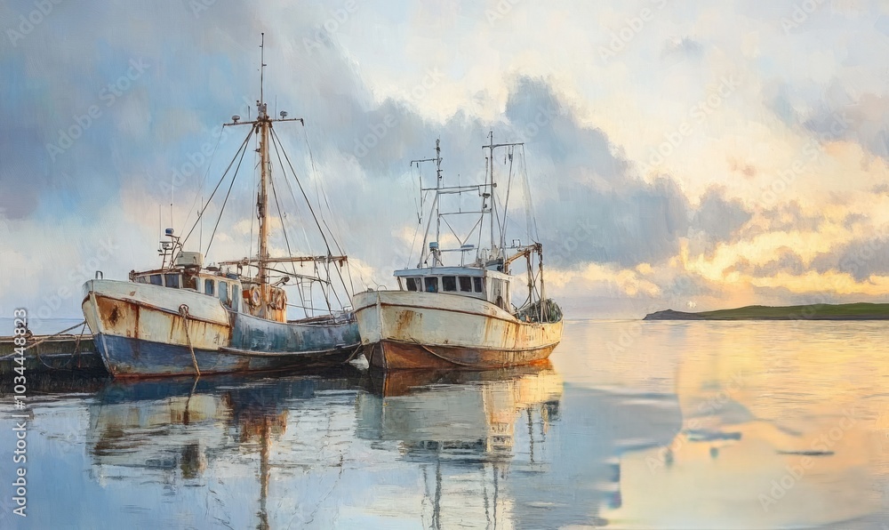 Calm harbor with two moored fishing boats Calm harbor with two moored fishing boats