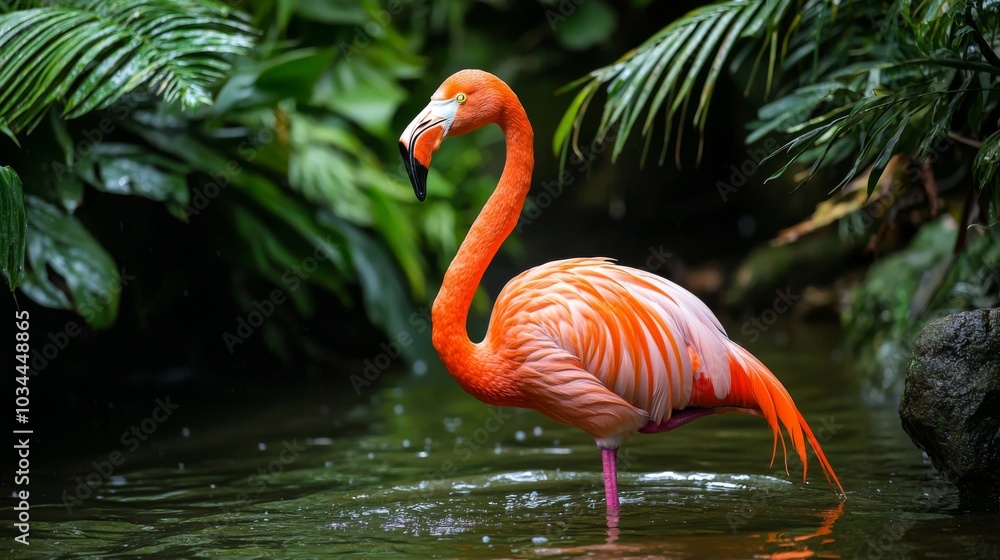 Fototapeta premium Elegant flamingo standing gracefully in shallow water
