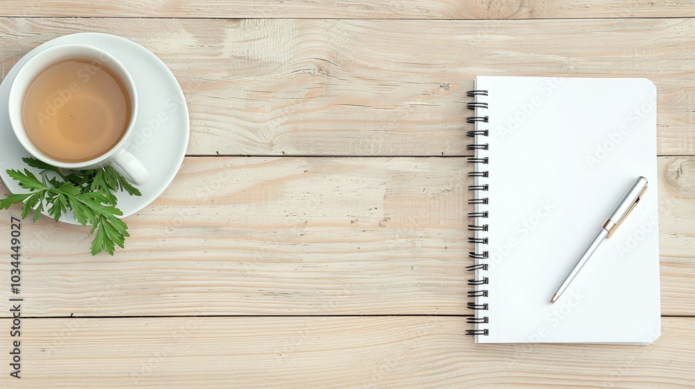 Notebook, Pen, and Cup of Tea on Wooden Table, Minimalist Workspace Layout with Natural Light, Fresh Green Leaf, and Copy Space for Text, Ideal for Productivity Concepts

