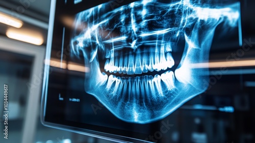 A detailed X-ray displays the structure of a human jaw with teeth and gums, highlighting dental conditions. This work is performed in a medical facility, emphasizing the importance of oral health. photo