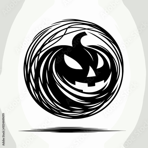 A black and white illustration of a pumpkin with a mischievous face, reminiscent of the classic Halloween Jack-o'-Lantern lantern.