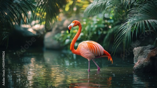 Elegant flamingo standing gracefully in shallow water