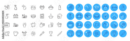 Dish plate, Dirty t-shirt and Dont touch line icons pack. Dishes, Shampoo, Hand washing web icon. Window cleaning, Washing hands, Table knife pictogram. Hold t-shirt, Tea cup, Clean bubbles. Vector