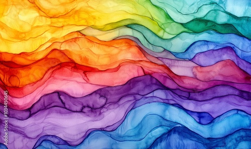Colorful watercolor lines create a stunning, glossy texture across layered surfaces in vibrant rainbow hues, showcasing artistic flair and creativit