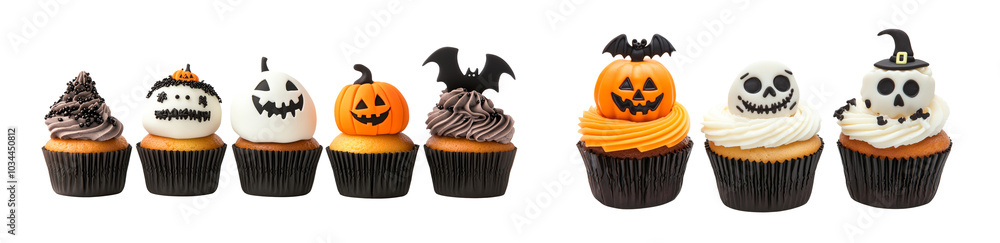 Halloween themed cupcakes with pumpkin faces, witch hat and bat isolated on white background. Festive and fun dessert for Halloween celebrations and parties Halloween themed cupcakes with pumpkin faces, witch hat and bat isolated on white background. Festive and fun dessert for Halloween celebrations and parties
