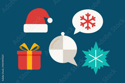 Vector Set of Snowflake with speech bubble, Christmas star, Merry ringing bell, Coffee cup, Gift box and Santa Claus hat icon. 