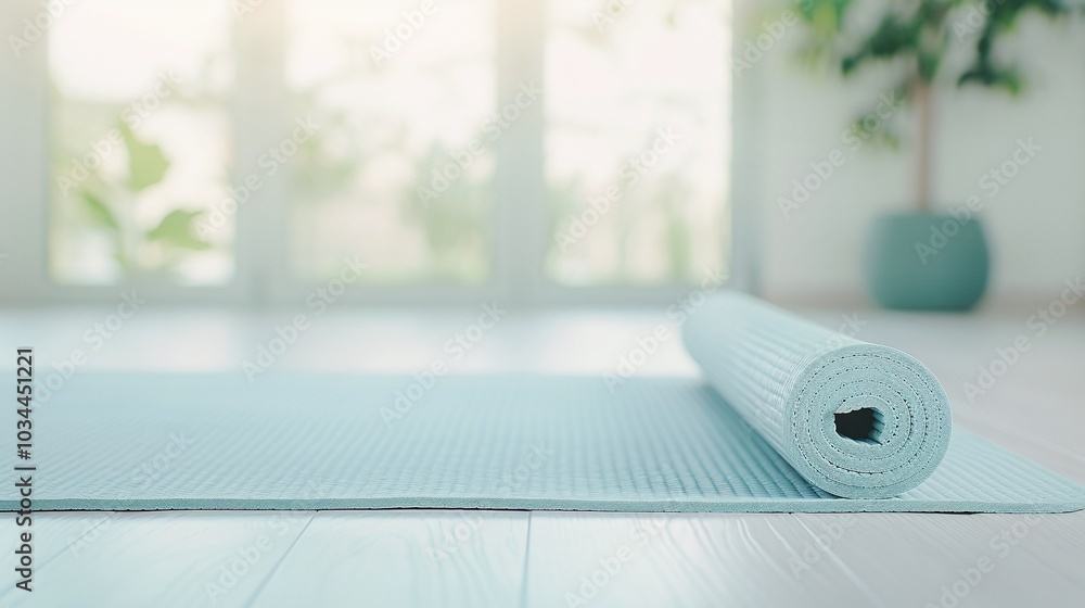 Rolled Yoga Mat on Wooden Floor in Bright Room with Large Windows and Potted Plant, Minimalist Indoor Fitness Scene with Natural Light and Calm Atmosphere
Rolled Yoga Mat on Wooden Floor in Bright Room with Large Windows and Potted Plant, Minimalist Indoor Fitness Scene with Natural Light and Calm Atmosphere