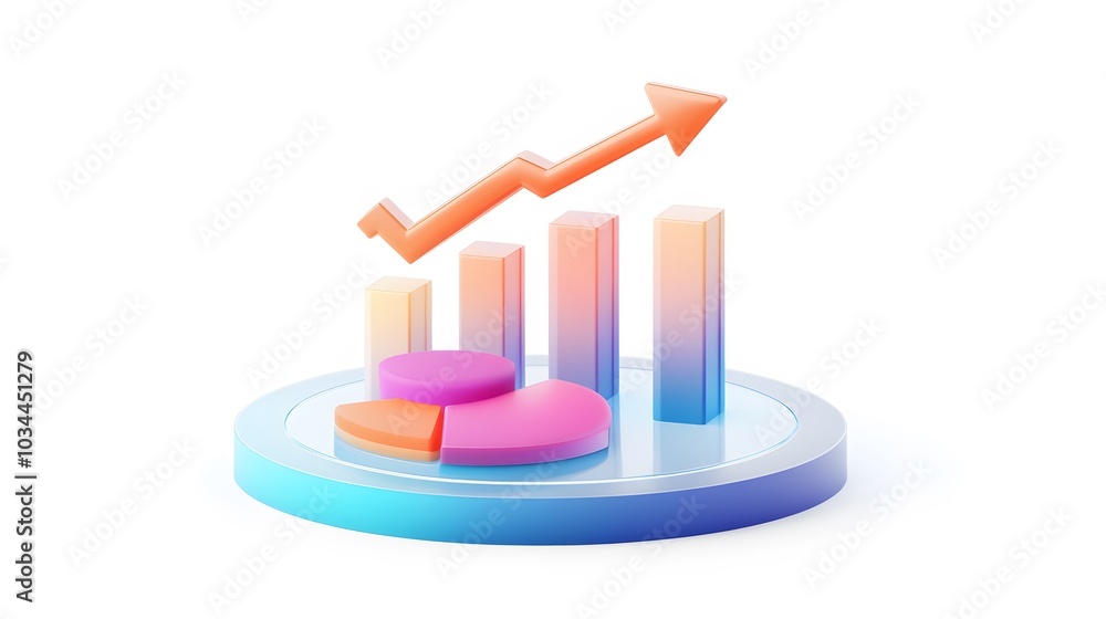 
lying composition 3d icon, UI icon, a chart icon, bar chart has a rising arrow on it, bar chart, pie chart, a rising arrow, frosted glass, transparent, white background, transparent technology sense