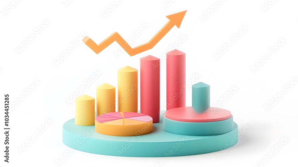 
lying composition 3d icon, UI icon, a chart icon, bar chart has a rising arrow on it, bar chart, pie chart, a rising arrow, frosted glass, transparent, white background, transparent technology sense