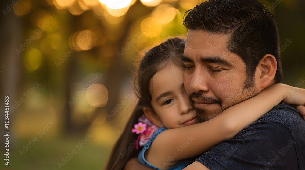 In the park a Hispanic father lovingly embraces his young daughter as they share a heartwarming moment outdoors gazing into each other s eyes with bright smiles In the park a Hispanic father lovingly embraces his young daughter as they share a heartwarming moment outdoors gazing into each other s eyes with bright smiles