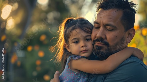 In the park a Hispanic father lovingly embraces his young daughter as they share a heartwarming moment outdoors gazing into each other s eyes with bright smiles photo