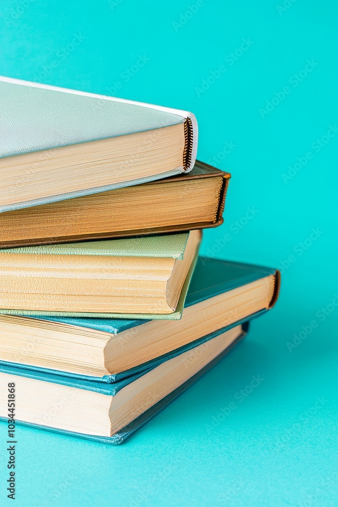 On a blue background, stacks of educational books are displayed in a college library On a blue background, stacks of educational books are displayed in a college library