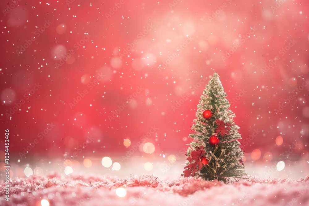 Small Christmas tree is surrounded by snow on a red background Small Christmas tree is surrounded by snow on a red background