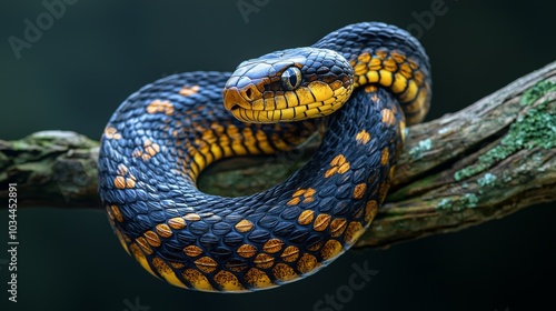 Exotic snake coiled on a branch, showcasing its vibrant patterns