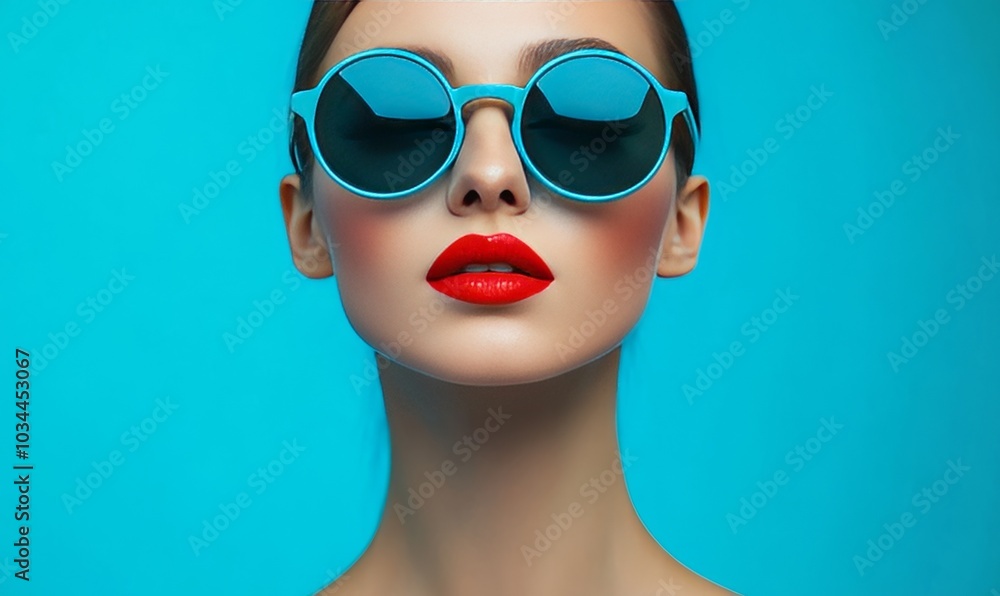Describe a woman wearing blue sunglasses and wearing red lipstick against a transparent blue background. Describe a woman wearing blue sunglasses and wearing red lipstick against a transparent blue background.