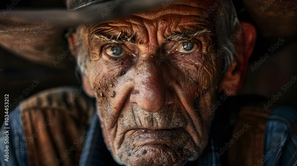 Intense portrait of an elderly cowboy with a weathered Intense portrait of an elderly cowboy with a weathered