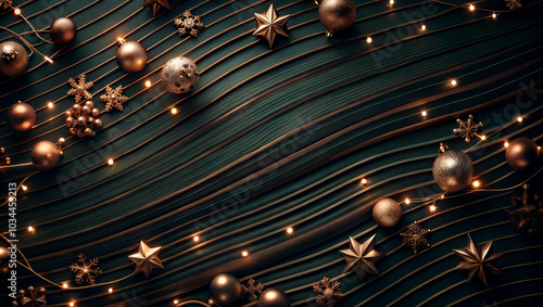 golden snowflakes, stars and balls on a dark green background, christmas holiday background