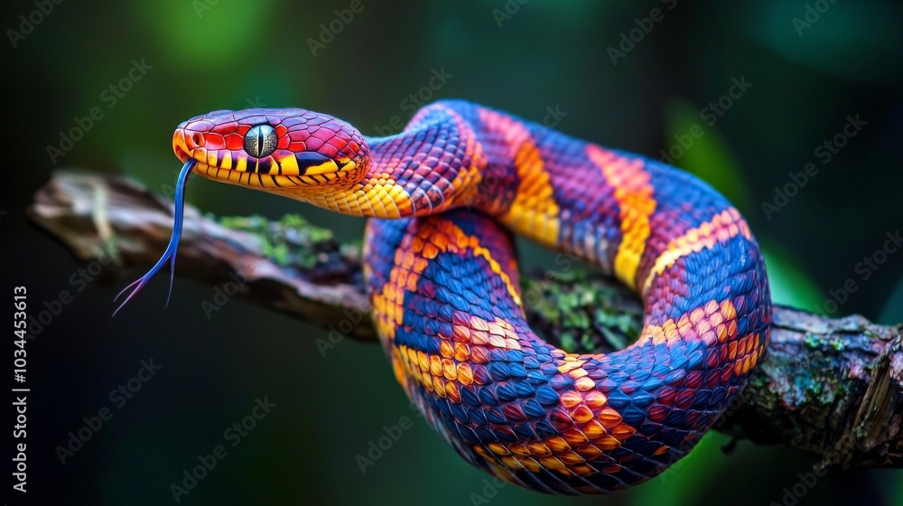 Obraz premium Exotic snake coiled on a branch, showcasing its vibrant patterns