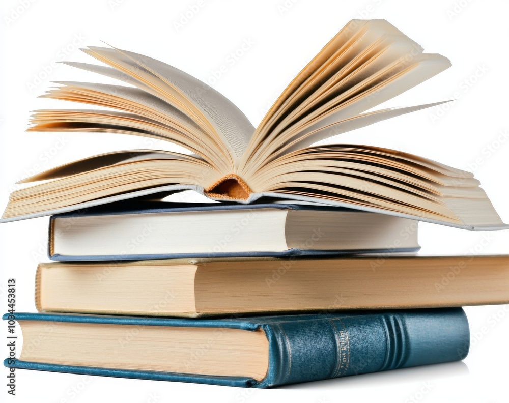 Isolated white stack of books with an opened book atop Isolated white stack of books with an opened book atop